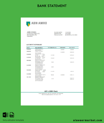 Hollanda ABN AMRO Banka Hesap Özeti word