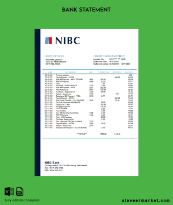 Hollanda NIBC Banka Hesap Özeti word