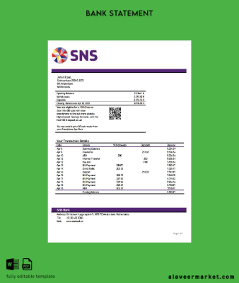 Hollanda SNS Banka Hesap Özeti word