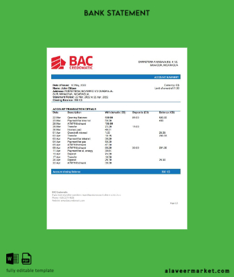 Nicaragua BAC Credomatic Banka Hesap Özeti word