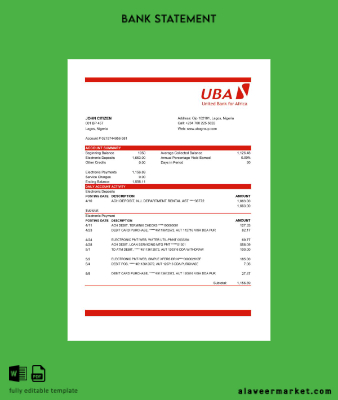 Nijerya UBA Banka Hesap Özeti excel
