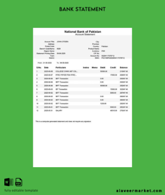 Pakistan National Banka of Pakistan account Hesap Özeti word 2 pages