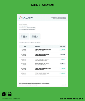 Pakistan SadaPay account Hesap Özeti word