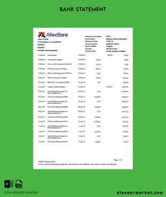 Pakistan Allied Banka Limited account Hesap Özeti word