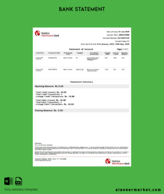 Pakistan Mobilink Microfinance Banka Hesap Özeti of account word