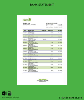 Palau Banka of Guam Banka Hesap Özeti excel