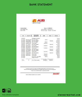 Filipinler AUB Banka Hesap Özeti excel