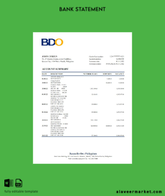 Filipinler BDO Banka Hesap Özeti excel