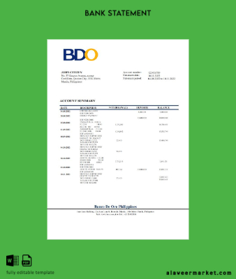 Filipinler BDO Banka Hesap Özeti word