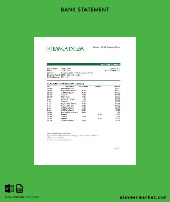 Polonya Banca Intesa Banka Hesap Özeti excel