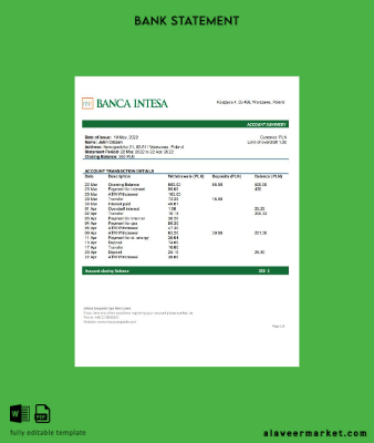 Polonya Banca Intesa Banka Hesap Özeti word