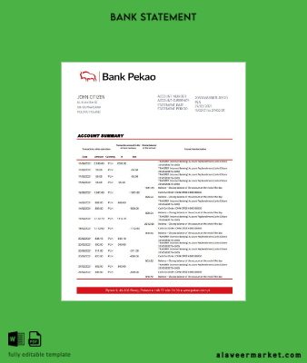 Polonya Banka Pekao S.A. Banka Hesap Özeti excel