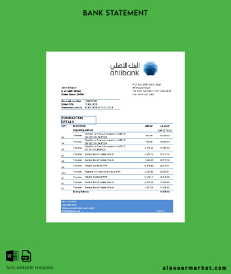 Katar Ahli Banka Hesap Özeti excel