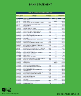 Gerçek random transactions Banka Hesap Özeti excel