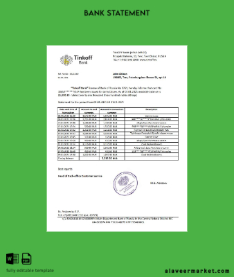 Rusya Tinkoff Banka proof of address Hesap Özeti excel