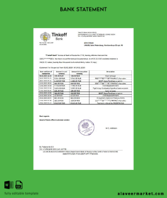 Rusya Tinkoff Banka proof of address Hesap Özeti word