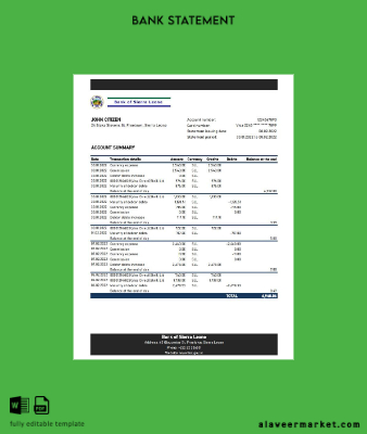 Sierra Leone Banka of Sierra Leone Banka Hesap Özeti excel