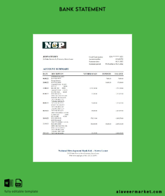 Sierra Leone National Development Banka Hesap Özeti excel