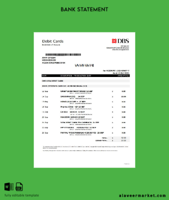 Singapur DBS Banka Hesap Özeti excel