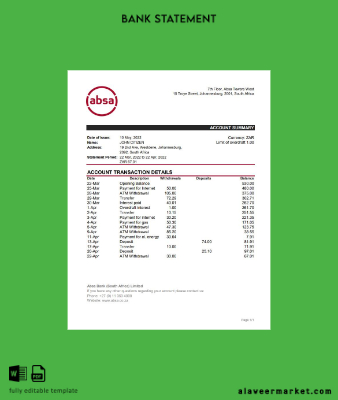 South Africa ABSA Banka Hesap Özeti excel