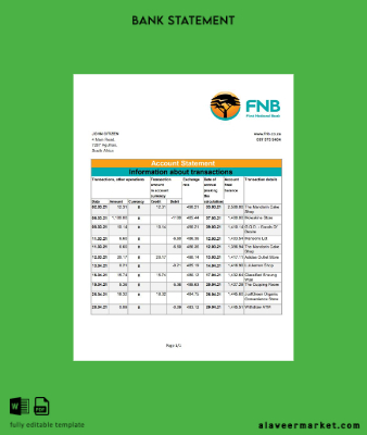 South Africa FNB Banka Hesap Özeti excel