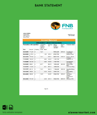 South Africa First National Banka (FNB) proof of address Hesap Özeti word