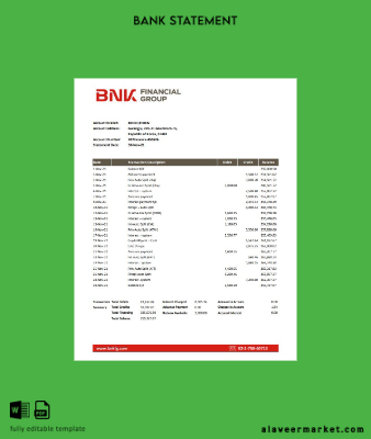 South Korea BNK Banka Hesap Özeti excel