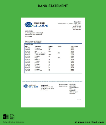 South Korea Daegu Banka proof of address Hesap Özeti word