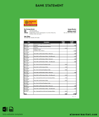 Sri Lanka People's Banka Hesap Özeti excel