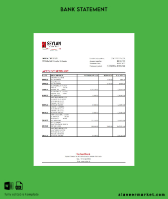 Sri Lanka Seylan Banka Hesap Özeti excel