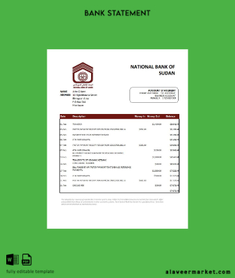 Sudan National Banka of Sudan Banka Hesap Özeti excel