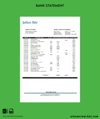 İsviçre Julius Bar Banka Hesap Özeti excel
