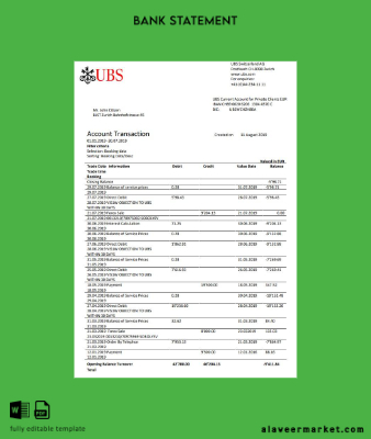 İsviçre UBS Banka proof of address Hesap Özeti word version 1