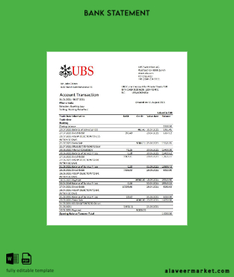 İsviçre UBS Banka Hesap Özeti excel