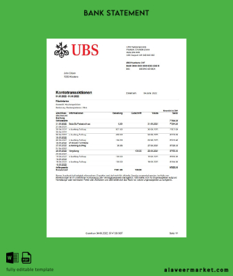İsviçre UBS Banka Hesap Özeti word