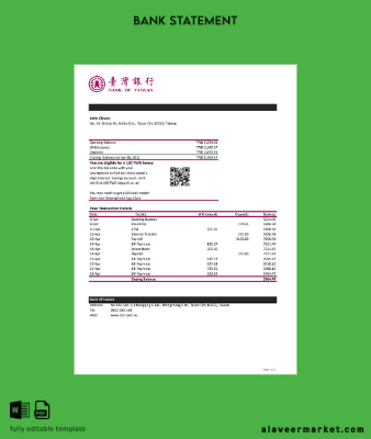 Tayvan Banka of Tayvan Banka Hesap Özeti excel
