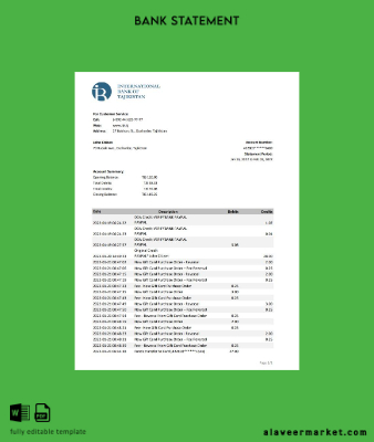 Tacikistan ITB Banka Hesap Özeti excel