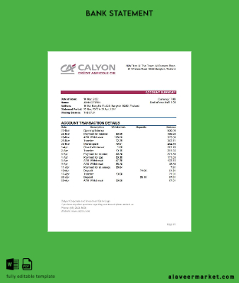 Tayland Calyon Banka Hesap Özeti excel