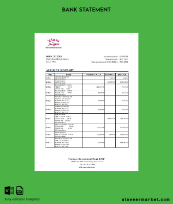 UAE Emirates Investment Banka Hesap Özeti excel