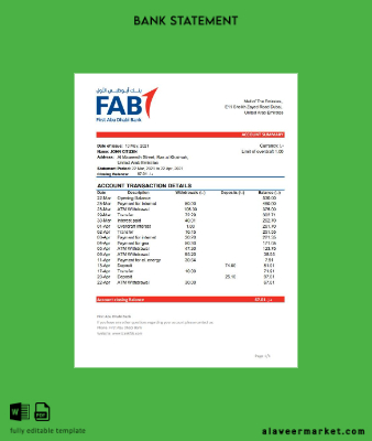 UAE First Abu Dhabi Banka Hesap Özeti excel
