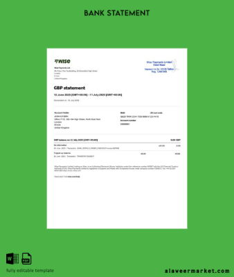 UK Wise Payments account Hesap Özeti word
