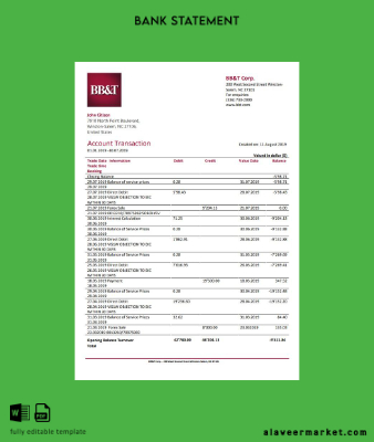 USA BB&T Corp Banka Hesap Özeti word