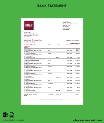 USA BB&T Corp. Banka Hesap Özeti excel