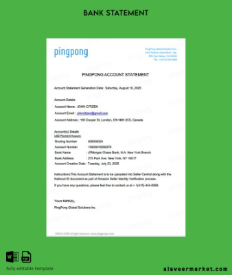 USA California PingPong Global Solutions Inc account Hesap Özeti word