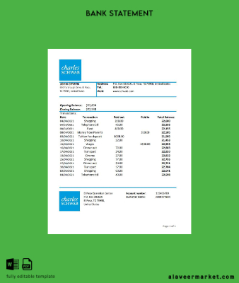 USA Charles Schwab & Co Banka Hesap Özeti excel