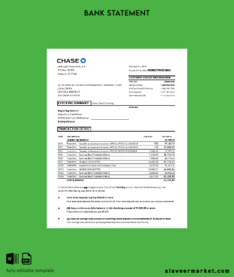 USA Chase account Hesap Özeti excel