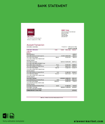 USA North Carolina BB&T Corp. Banka Hesap Özeti excel