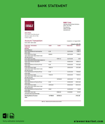 USA North Carolina BB&T Corp. Banka Hesap Özeti word