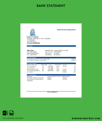 USA State Street Corporation Banka Hesap Özeti excel