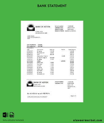 United Kingdom Banka of Aston Banka Hesap Özeti excel